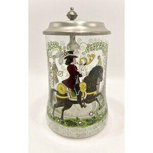 Vintage REIN ZINN Glass Beer Stein Mug Tankard Hinged Lid Handpainted Medieval